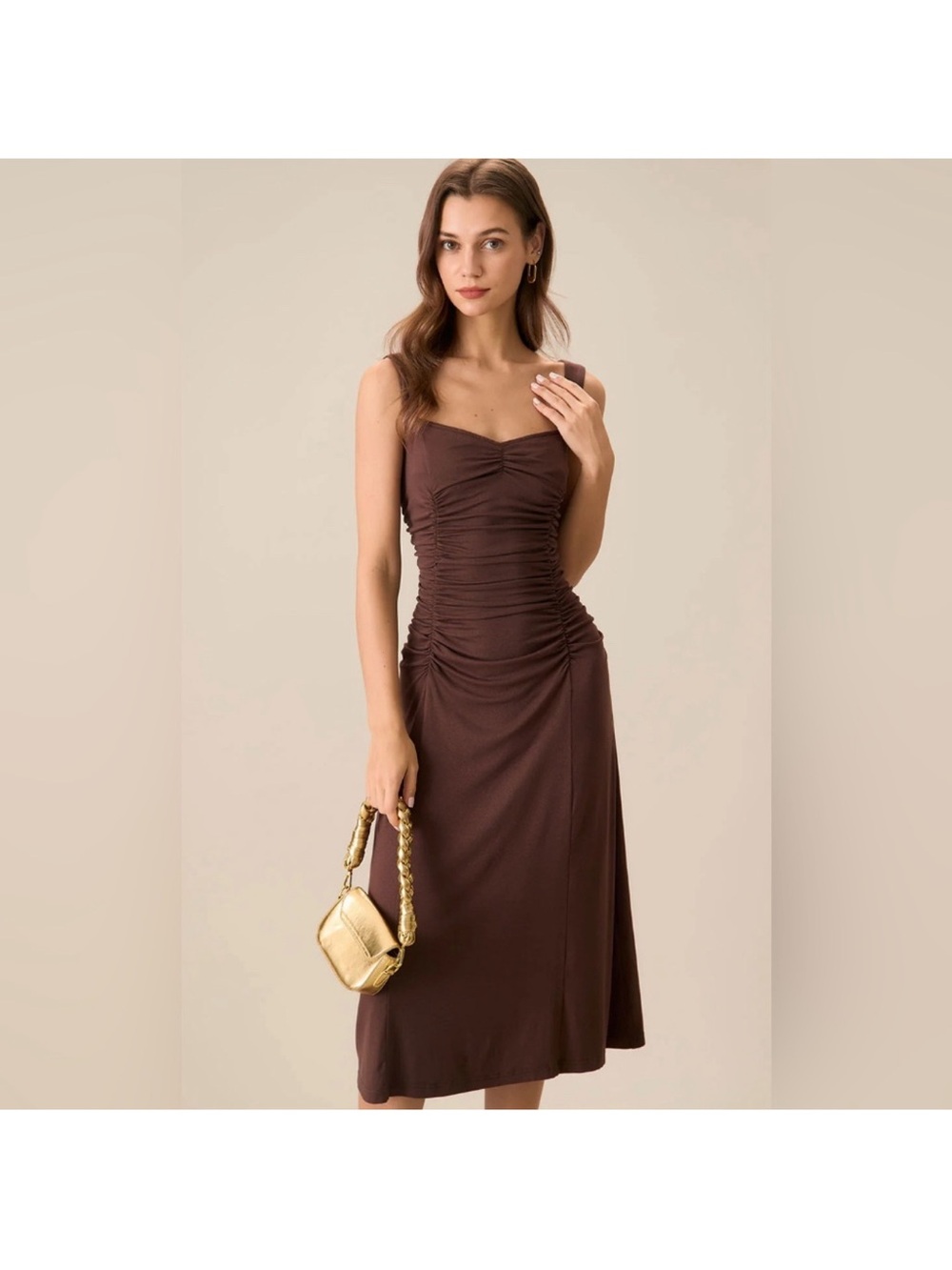 RIHOAS Chocolate Brown Ruched Midi Dress with Wide Straps